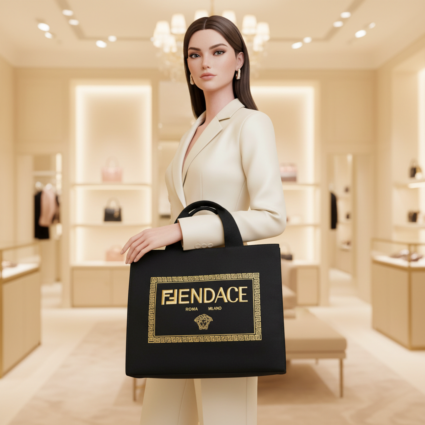 Fendi FENDI X Versace FENDACE 1006607 Men,Women Canvas Shoulder Bag,Tote Bag Gold,Black