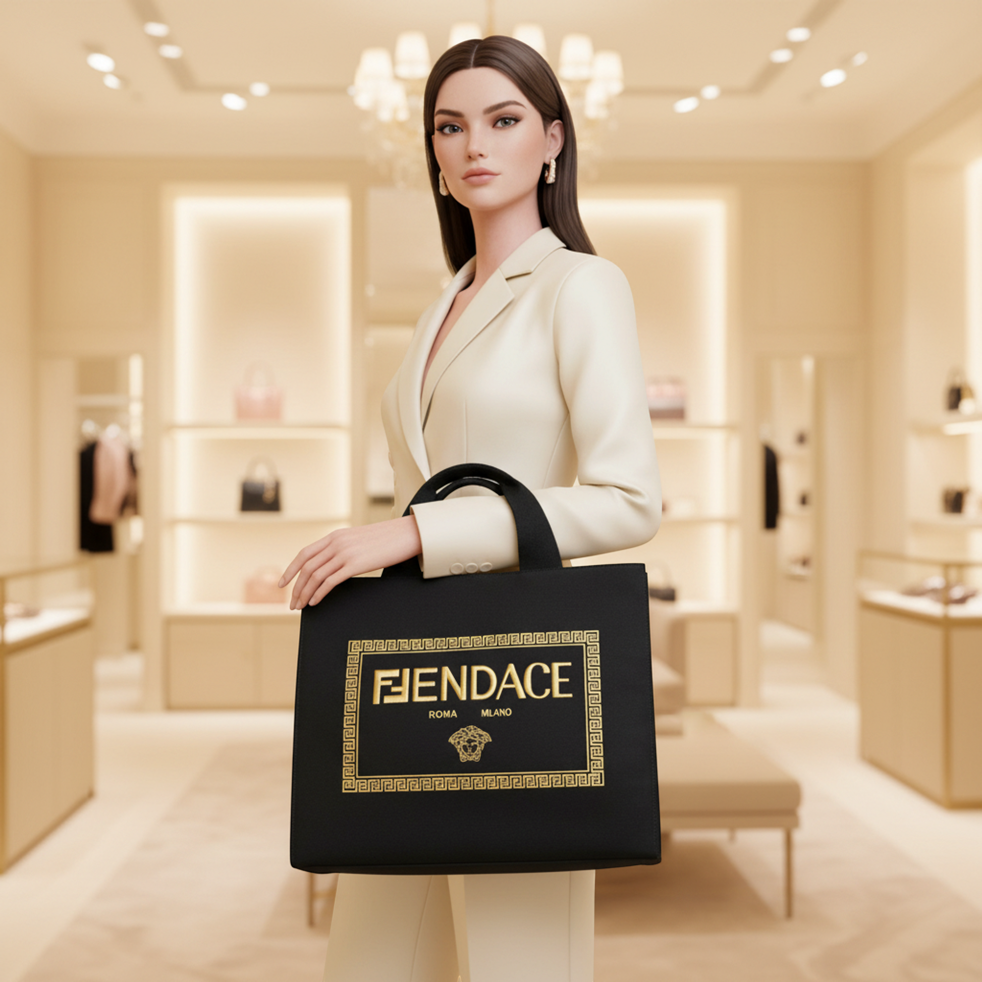 Fendi FENDI X Versace FENDACE 1006607 Men,Women Canvas Shoulder Bag,Tote Bag Gold,Black
