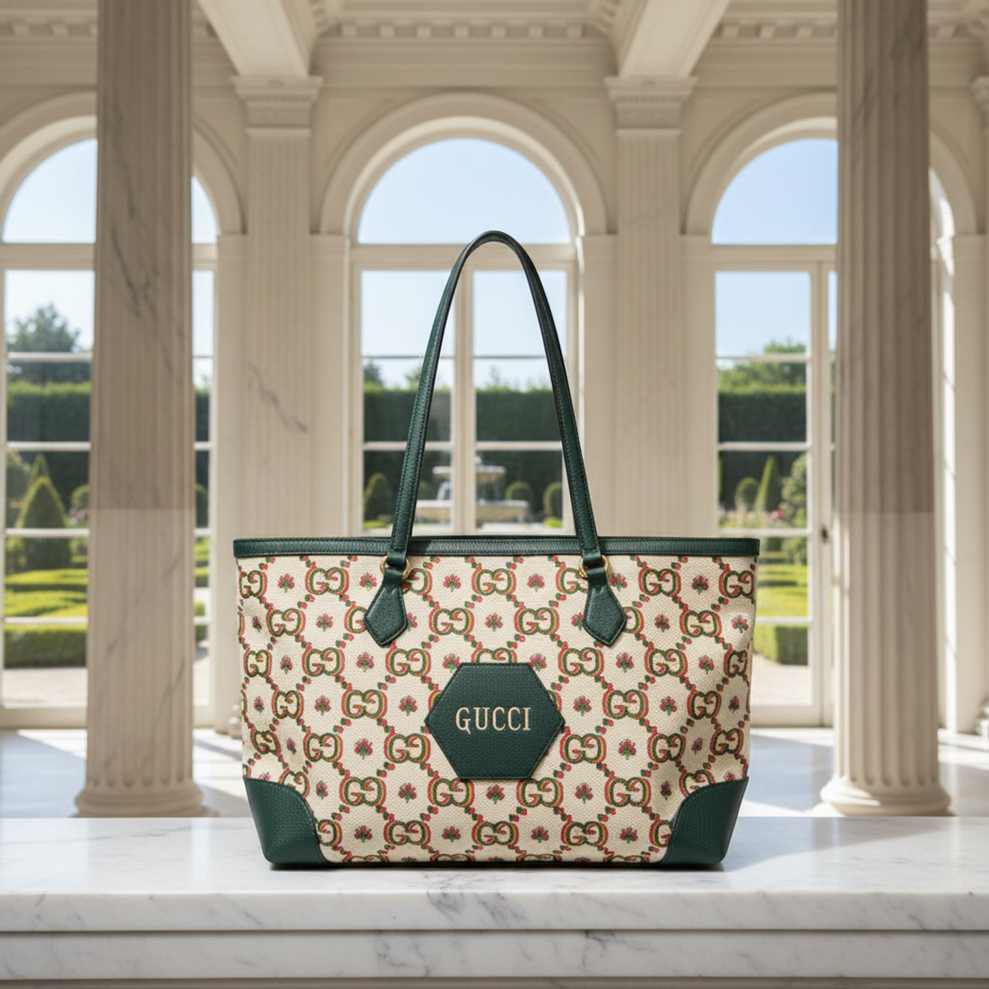 Gucci 100th Anniversary Model 676681 Women's Canvas,Leather Tote Bag Green,Light Beige