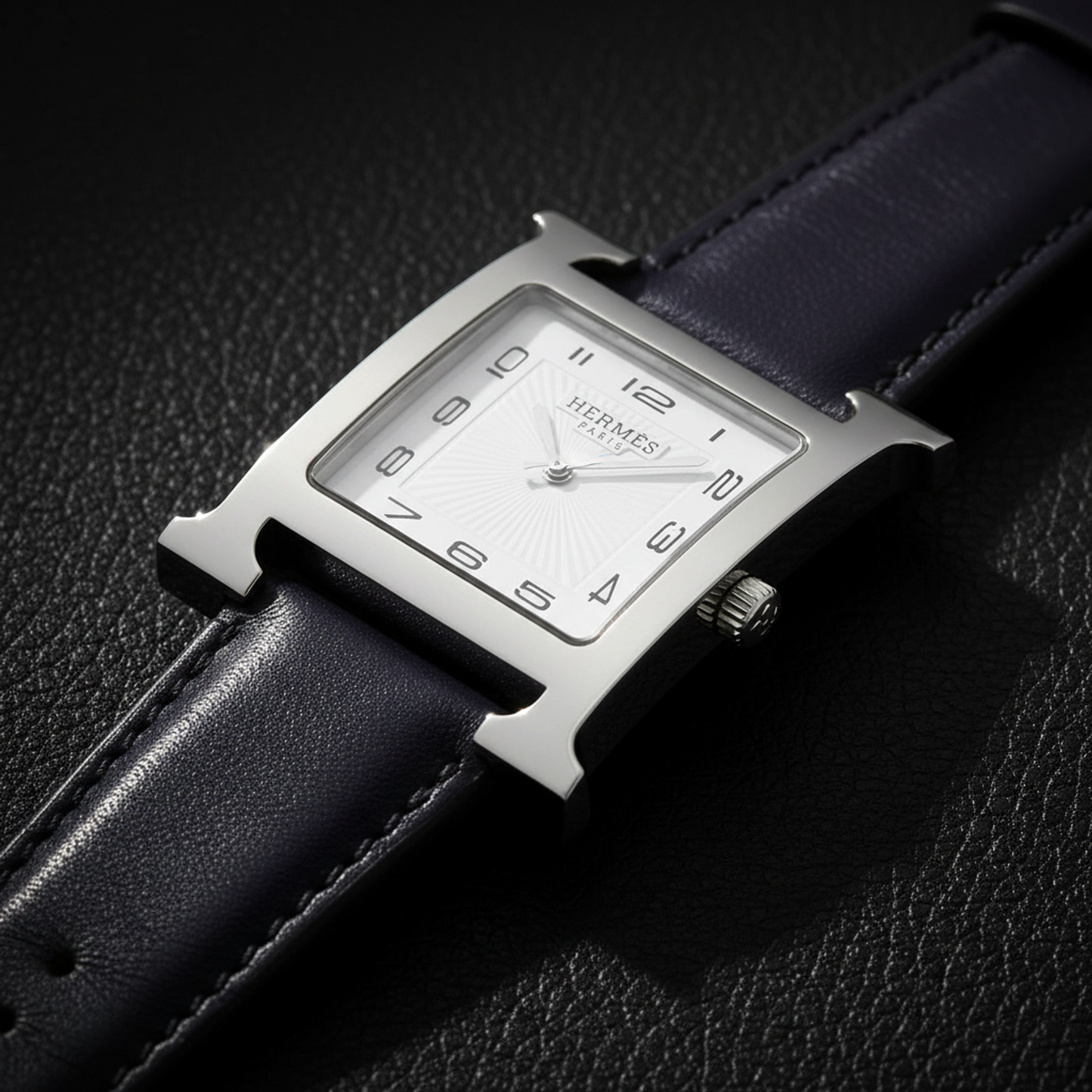 HERMES H Wach Steel Leather Quartz Mens Watch HH1.810 Polished