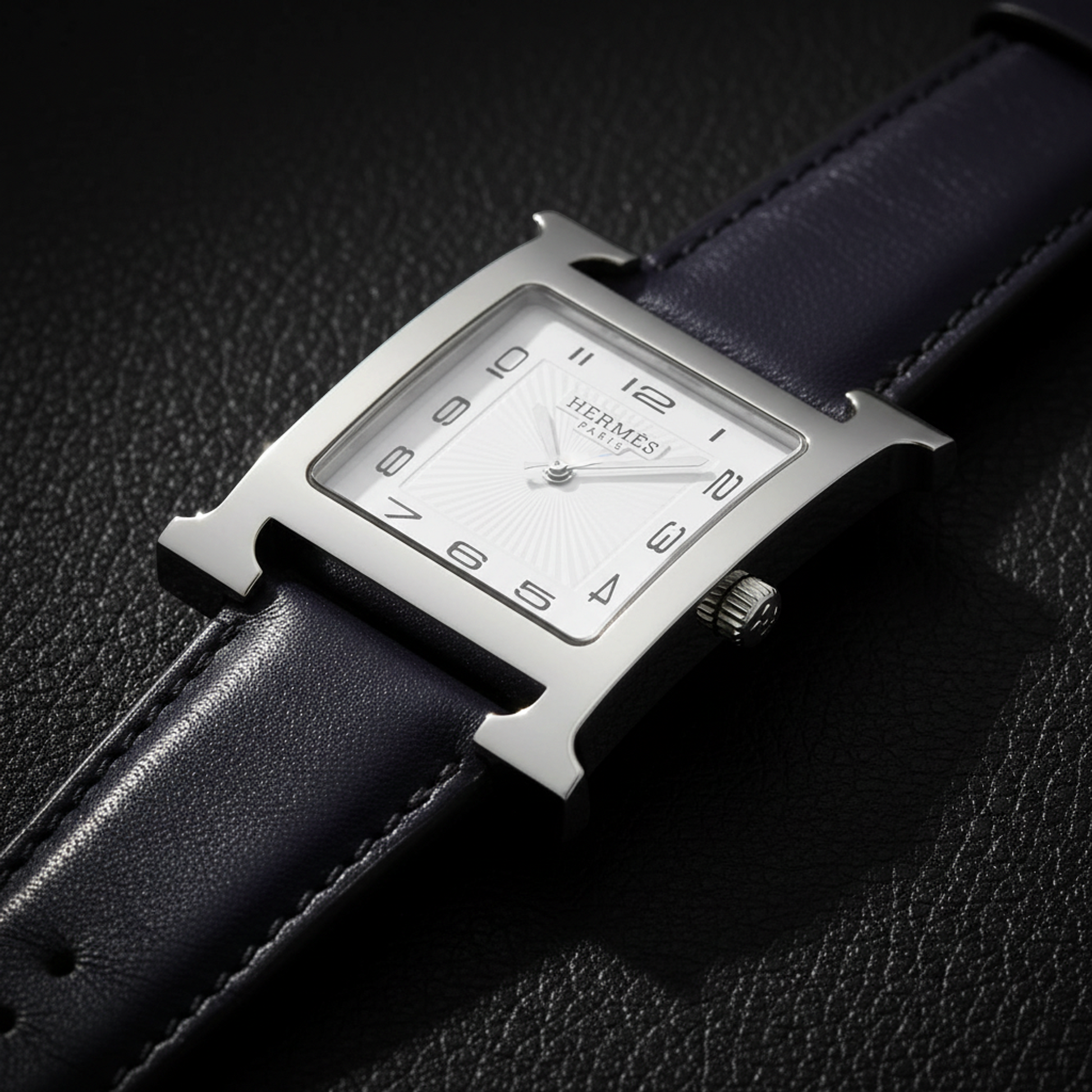 HERMES H Wach Steel Leather Quartz Mens Watch HH1.810 Polished