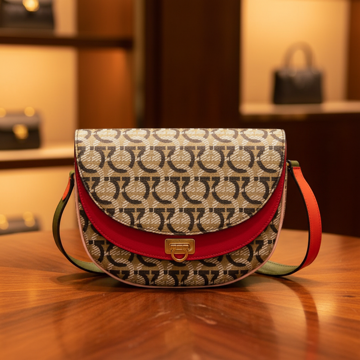 Salvatore Ferragamo Gancini AU-21 H986 Women's Leather,PVC Shoulder Bag Beige