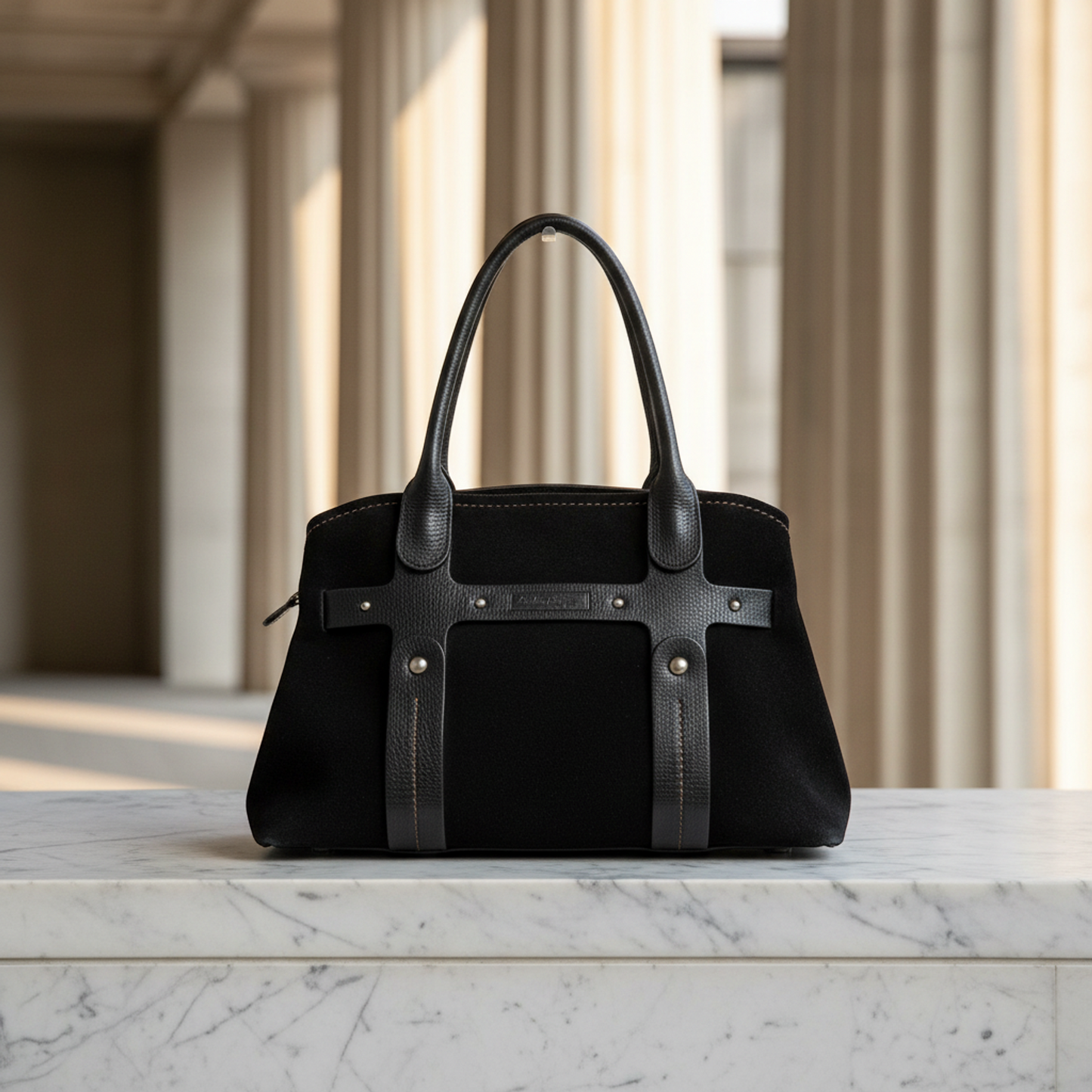 Salvatore Ferragamo EE-21 7987 Women's Suede,Leather Handbag Black