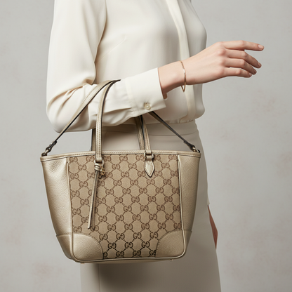 Gucci GG Canvas Bree Small 353121 Women's GG Canvas,Leather Handbag,Shoulder Bag Gold,Beige