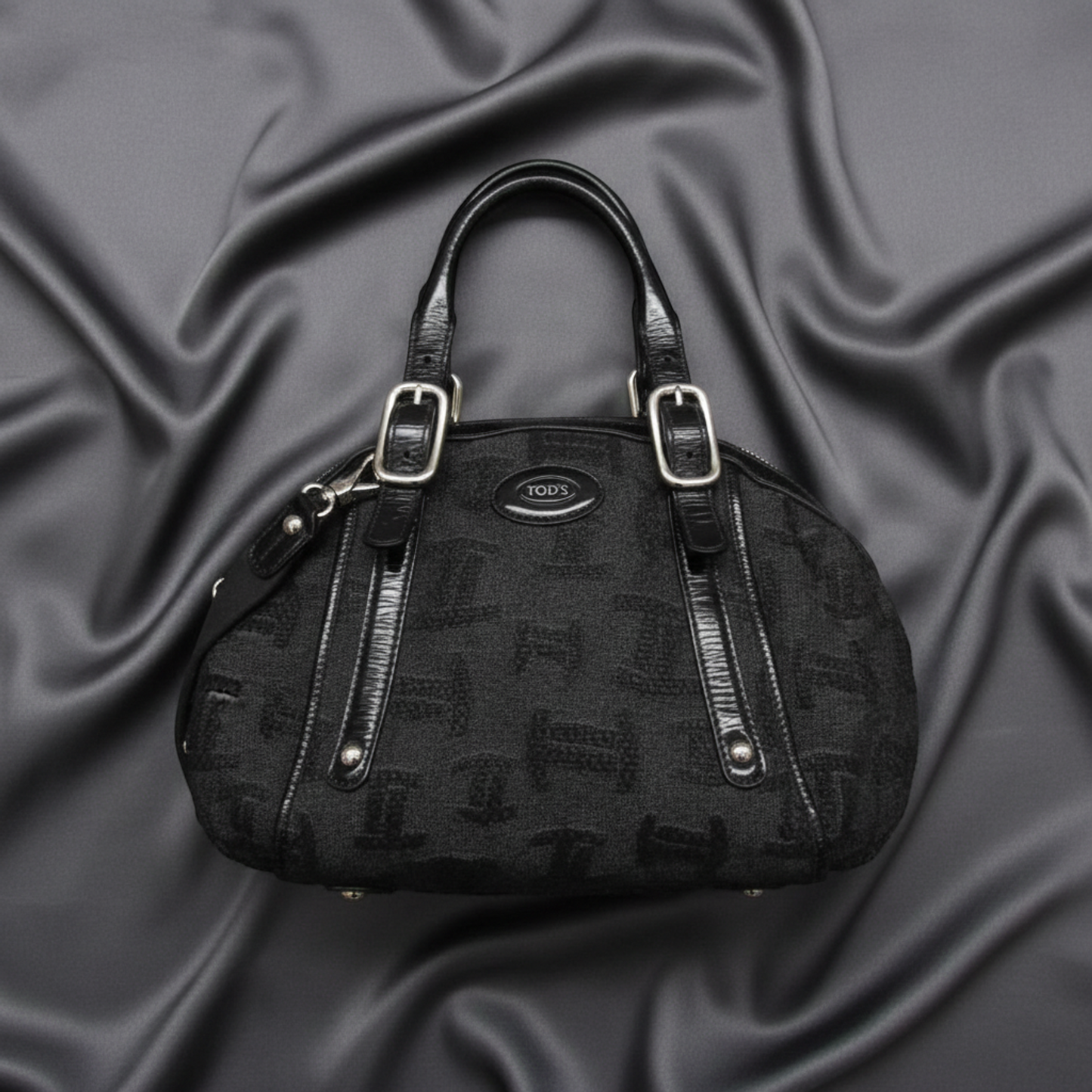 Tod's Small Boston Bag Women's Canvas,Patent Leather Handbag,Shoulder Bag Black,Dark Gray