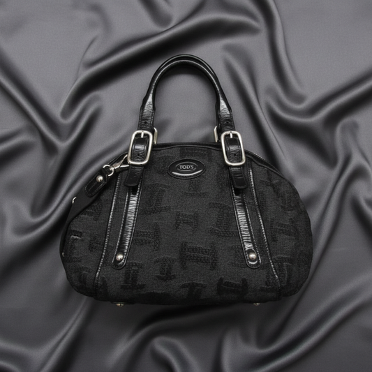 Tod's Small Boston Bag Women's Canvas,Patent Leather Handbag,Shoulder Bag Black,Dark Gray