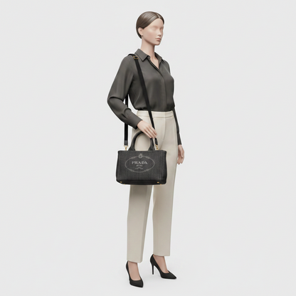 Prada Canapa S Size 1BG439 Women's Canvas Shoulder Bag,Tote Bag Black