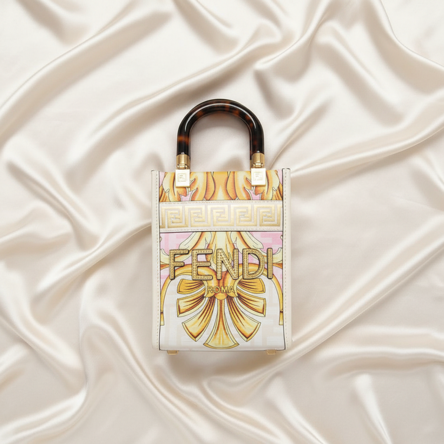 Fendi FENDACE Mini Sunshine Shopper 8BS051 Women's Leather,Coated Canvas Handbag,Shoulder Bag Gold,Pink,White