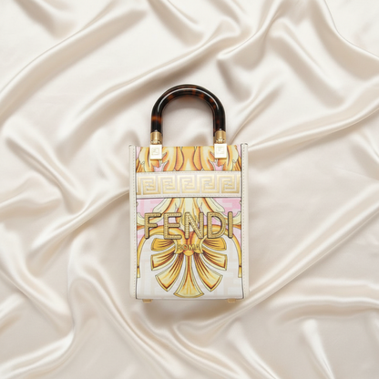 Fendi FENDACE Mini Sunshine Shopper 8BS051 Women's Leather,Coated Canvas Handbag,Shoulder Bag Gold,Pink,White