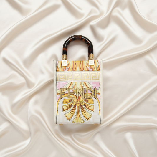 Fendi FENDACE Mini Sunshine Shopper 8BS051 Women's Leather,Coated Canvas Handbag,Shoulder Bag Gold,Pink,White