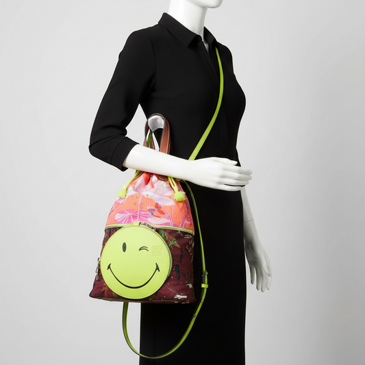 Loewe Paula’s Ibiza Collaboration DOUBLE TOTE SMILEY WINK Women's Nylon,Leather Shoulder Bag,Tote Bag Brown,Pink,Yellow