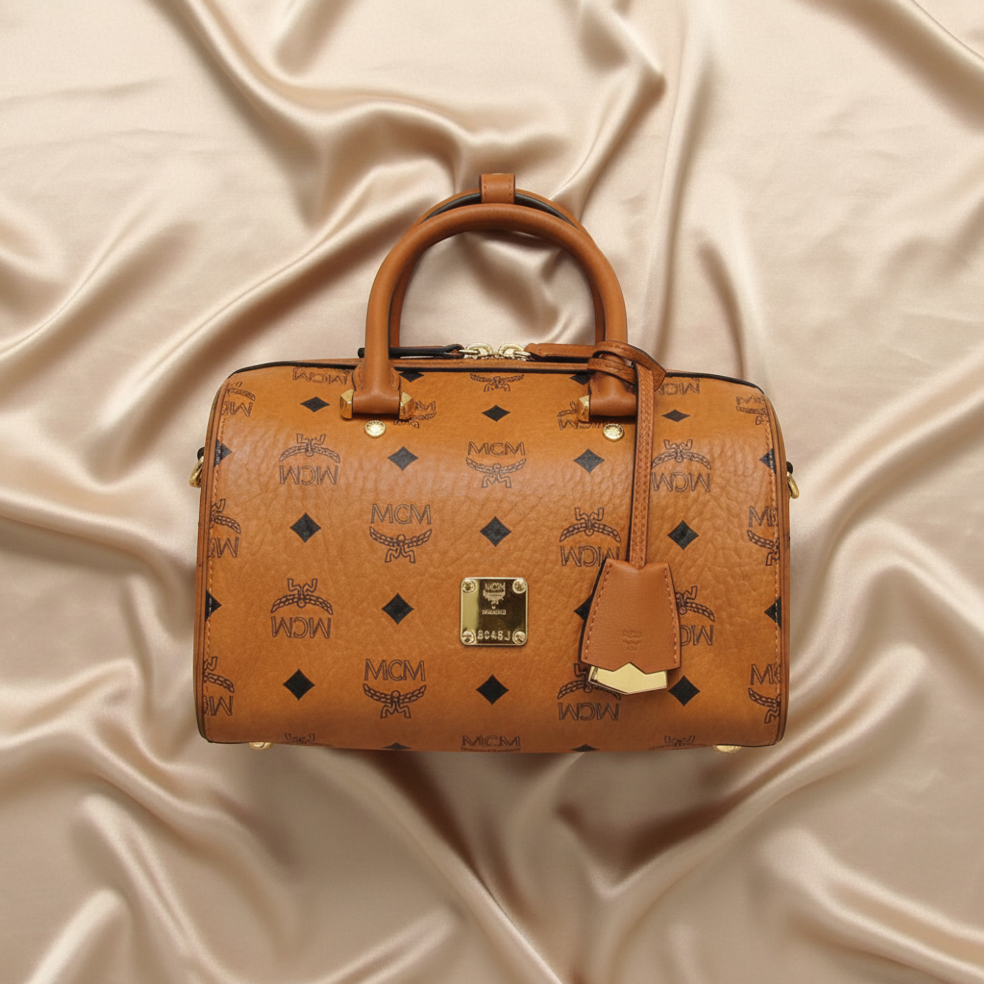 MCM Visetos Essential Boston Bag Small MWBAASE02CO001 Women's Coated Canvas,Leather Boston Bag,Shoulder Bag Brown