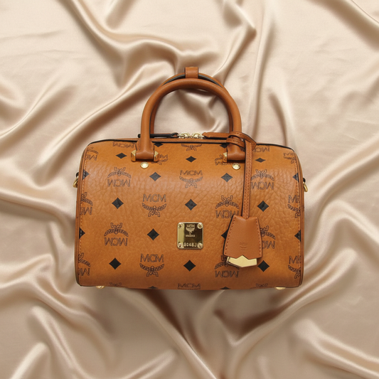 MCM Visetos Essential Boston Bag Small MWBAASE02CO001 Women's Coated Canvas,Leather Boston Bag,Shoulder Bag Brown