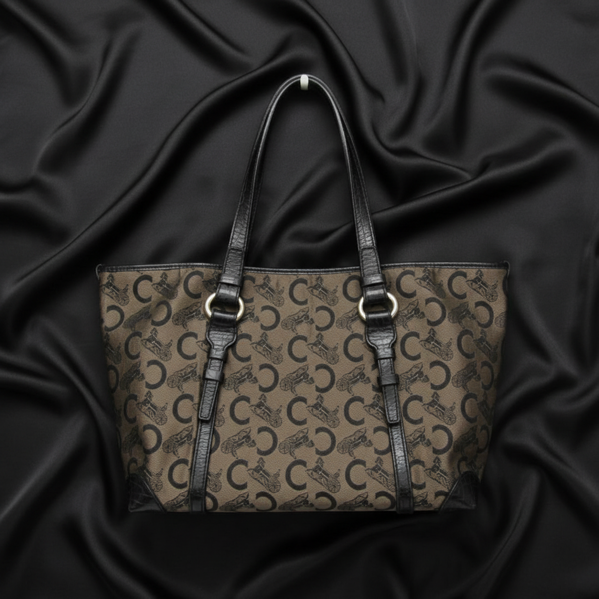 Celine C Macadam Carriage Pattern Women's Canvas,Leather Tote Bag Beige,Black