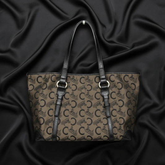 Celine C Macadam Carriage Pattern Women's Canvas,Leather Tote Bag Beige,Black