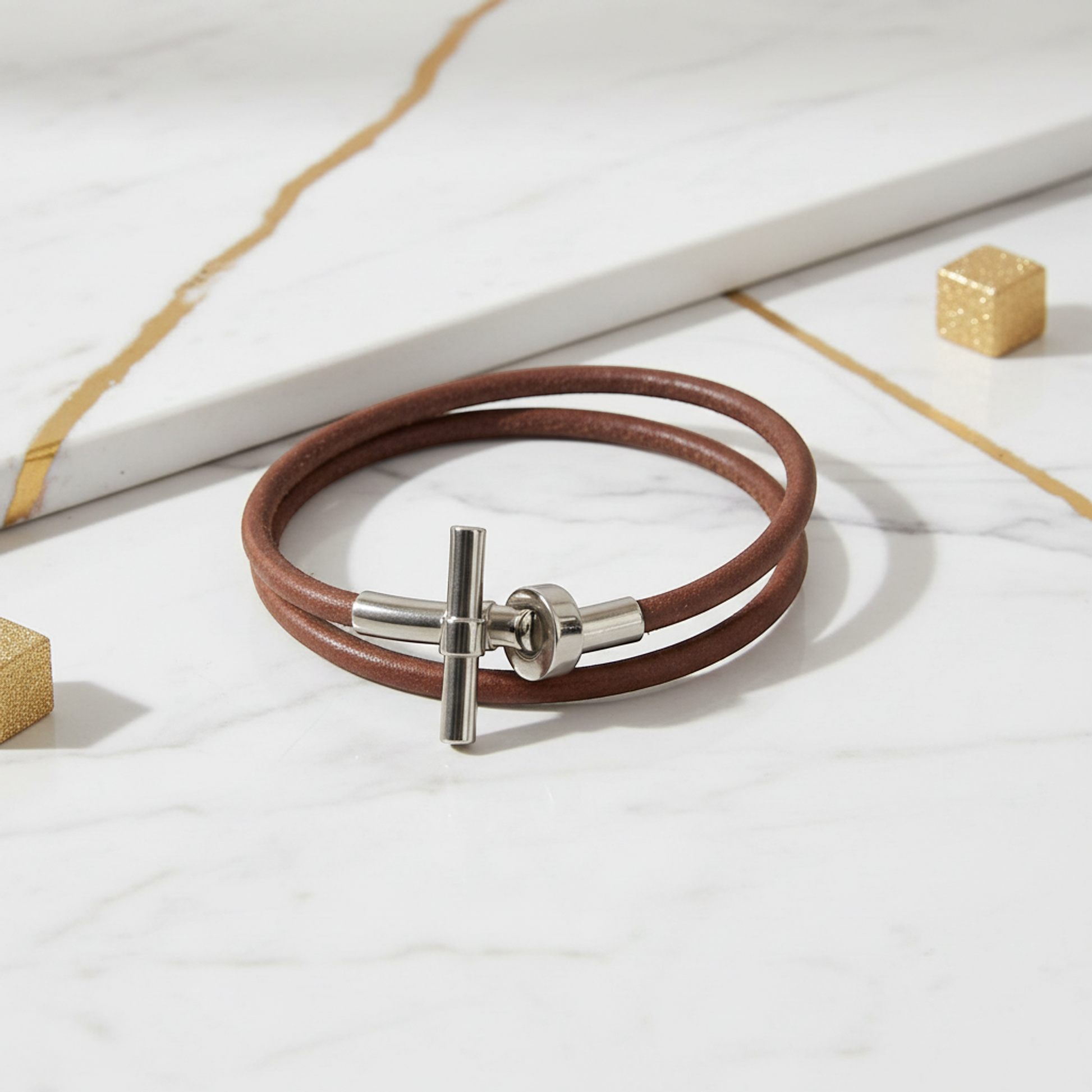 Hermes Kite Choker Leather,Metal Bangle Silver,Brown