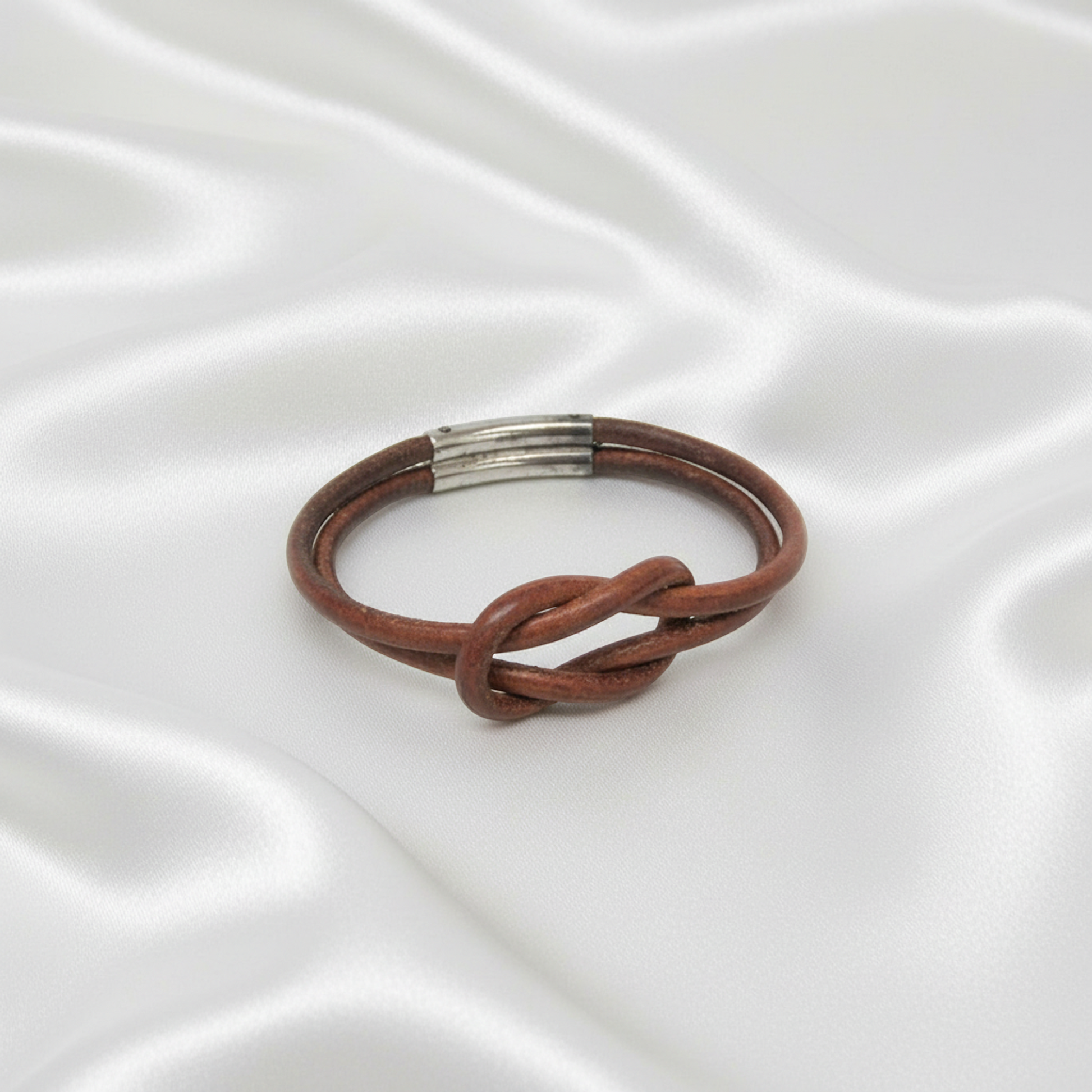 Hermes Hercule Leather,Metal Bangle Silver,Brown