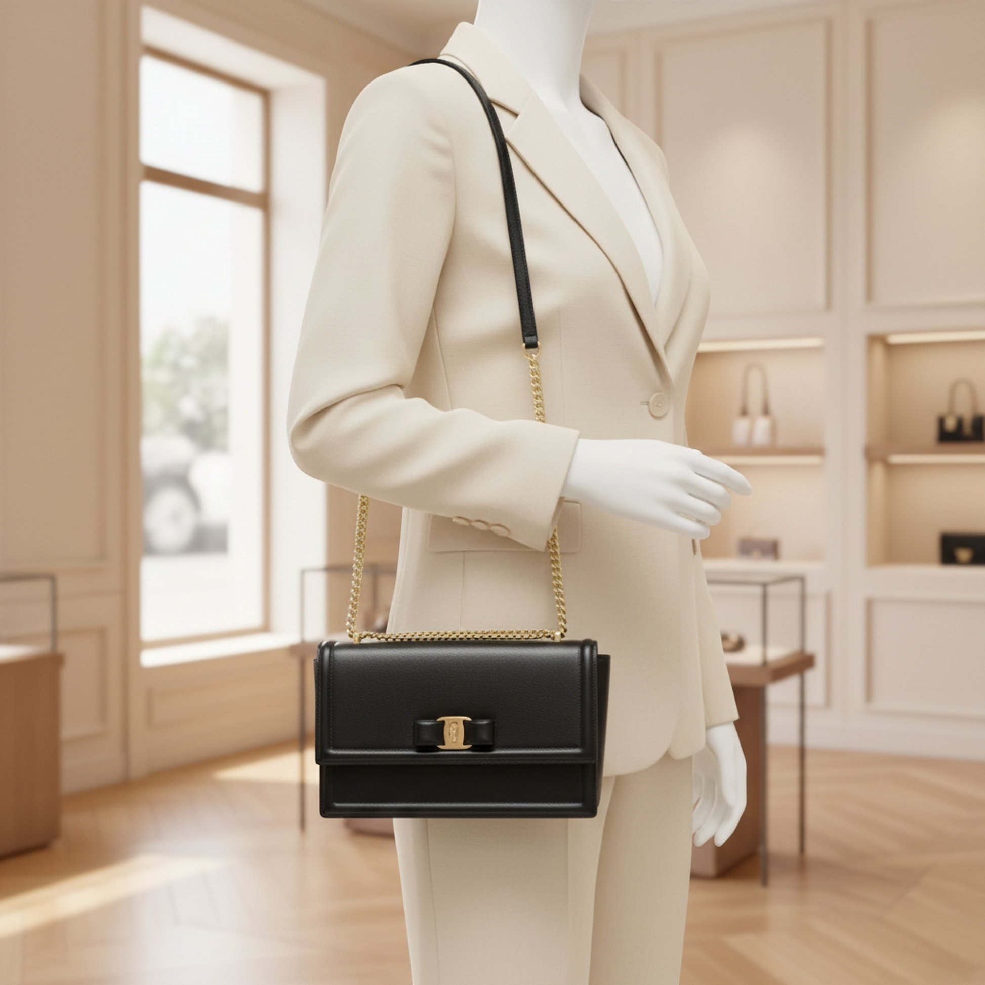 Salvatore Ferragamo Vara AU-21G462 Women's Leather Shoulder Bag Black