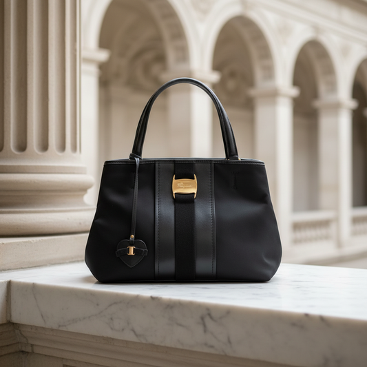 Salvatore Ferragamo Vara GG-21 E223 Women's Nylon,Leather Handbag Black