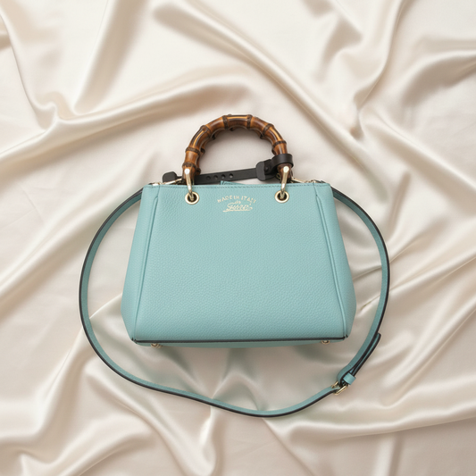 Gucci Bamboo Mini Shopper 368823 Women's Leather,Bamboo Handbag,Shoulder Bag Light Blue
