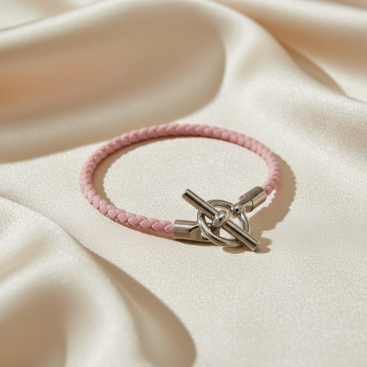 Hermes Glennan H071681F Leather,Metal Bangle Silver,Pink