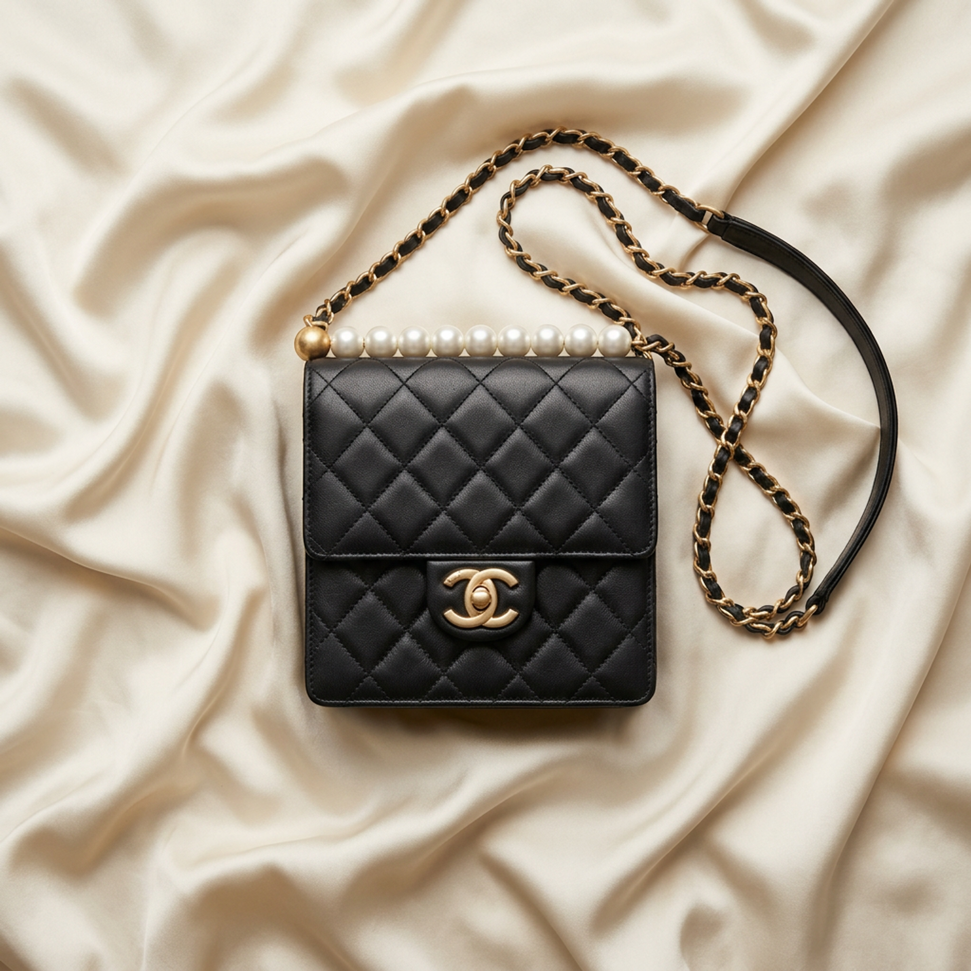 Chanel Matelasse Chain Shoulder Bag Women's Leather,Artificial Pearl Shoulder Bag Black