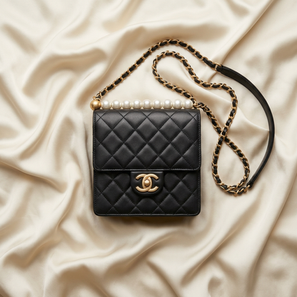 Chanel Matelasse Chain Shoulder Bag Women's Leather,Artificial Pearl Shoulder Bag Black