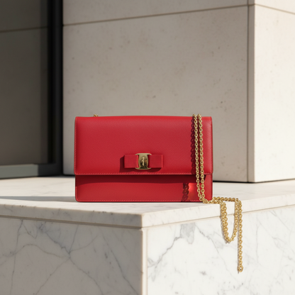 Salvatore Ferragamo Vara Chain Shoulder Bag AU-21 D855 Women's Leather Shoulder Bag Red Color