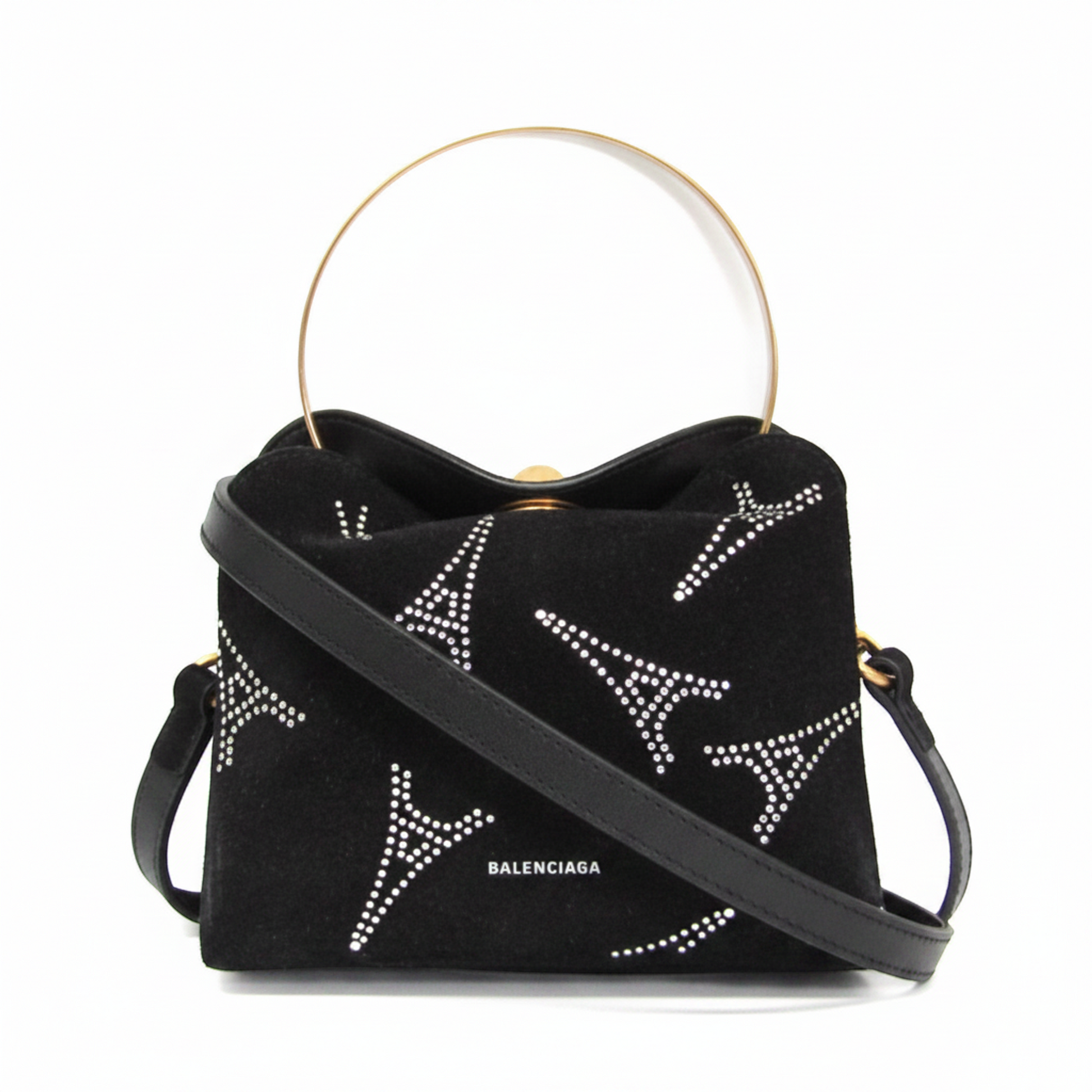 Balenciaga 570093 Women's Suede,Rhinestone Handbag,Shoulder Bag Gold,Black
