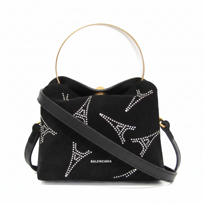 Balenciaga 570093 Women's Suede,Rhinestone Handbag,Shoulder Bag Gold,Black