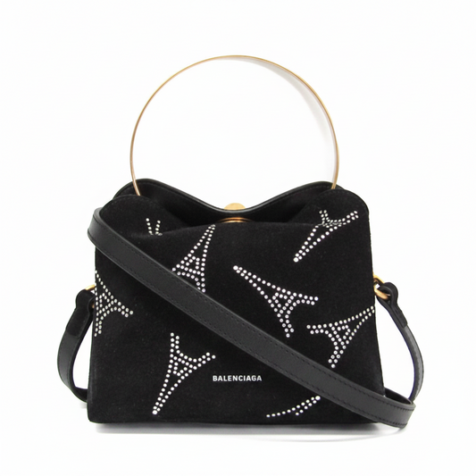 Balenciaga 570093 Women's Suede,Rhinestone Handbag,Shoulder Bag Gold,Black