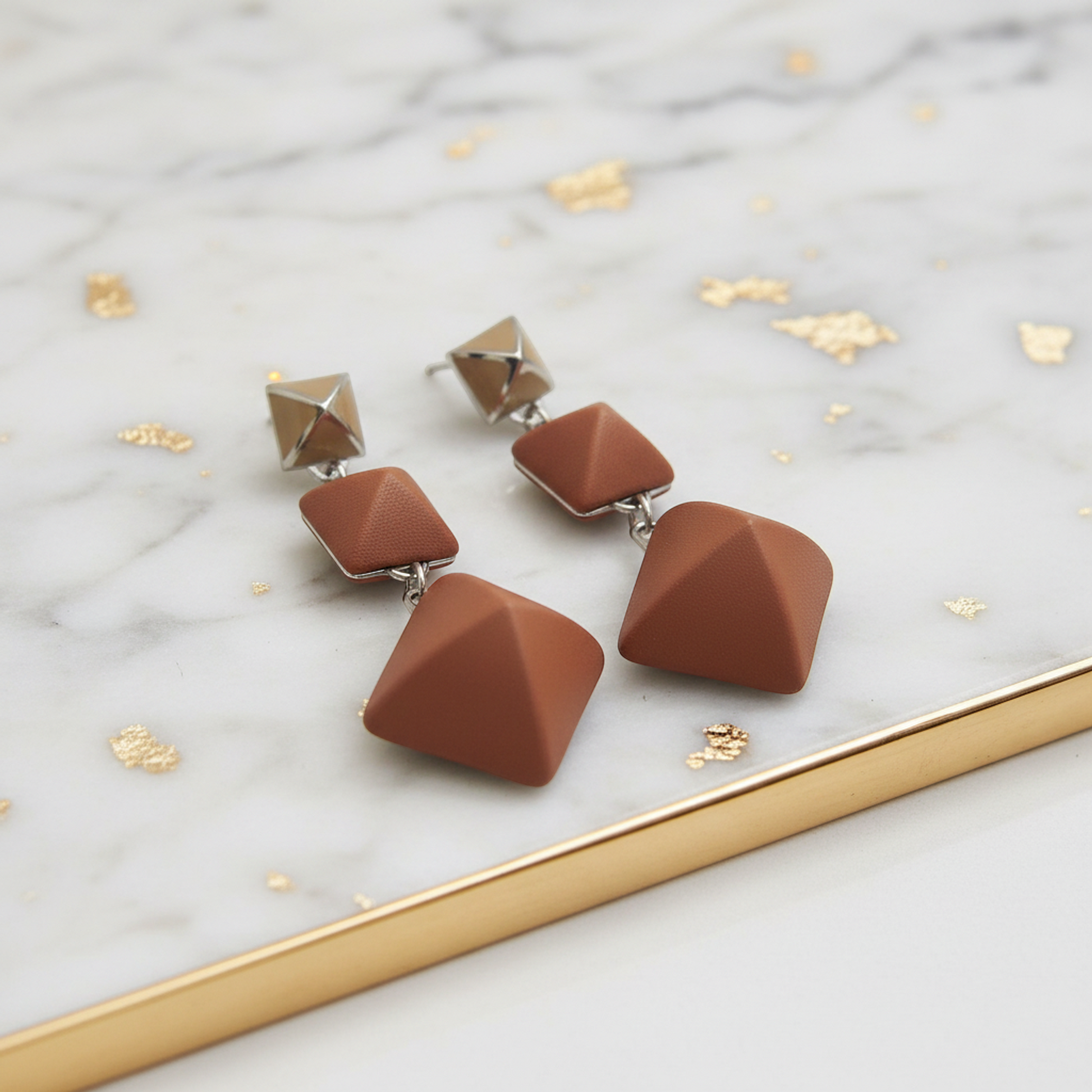 Hermes Medor Gaine GM Leather,Metal Stud Earrings Brown