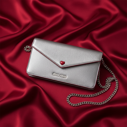 Miu Miu MADRAS LOVE 5DH044 Women's Leather Clutch Bag,Shoulder Bag Silver,Red Color