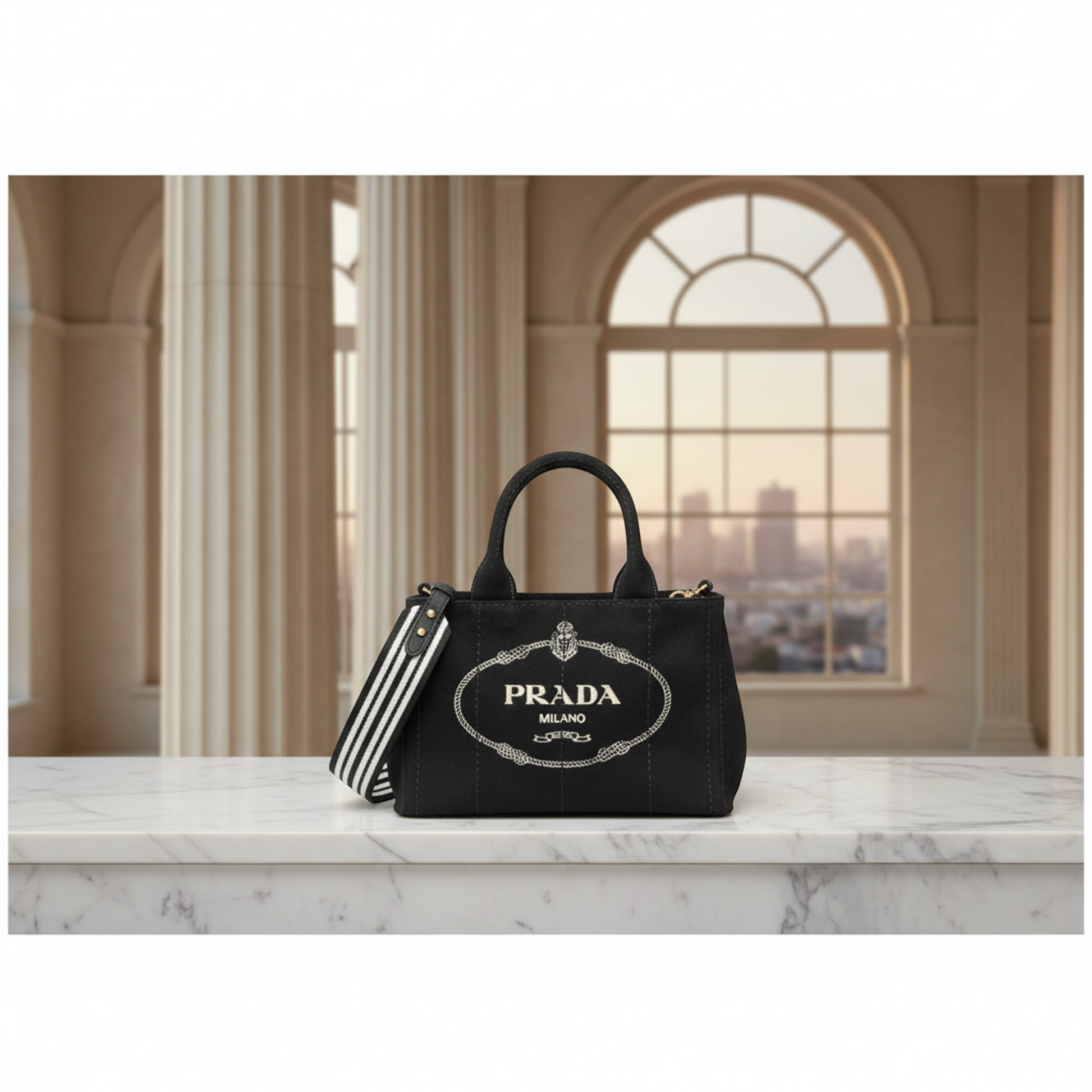 Prada Canapa 1BG439 Women's Denim Handbag,Shoulder Bag Black,White