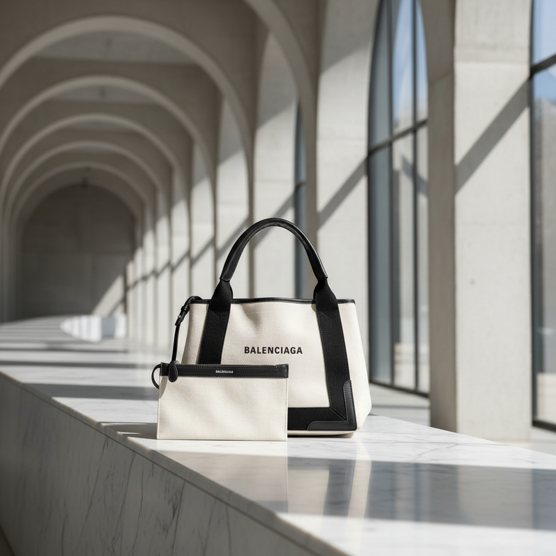 Balenciaga Navy Cabas S 339933 Women's Canvas,Leather Handbag Black,Off-white