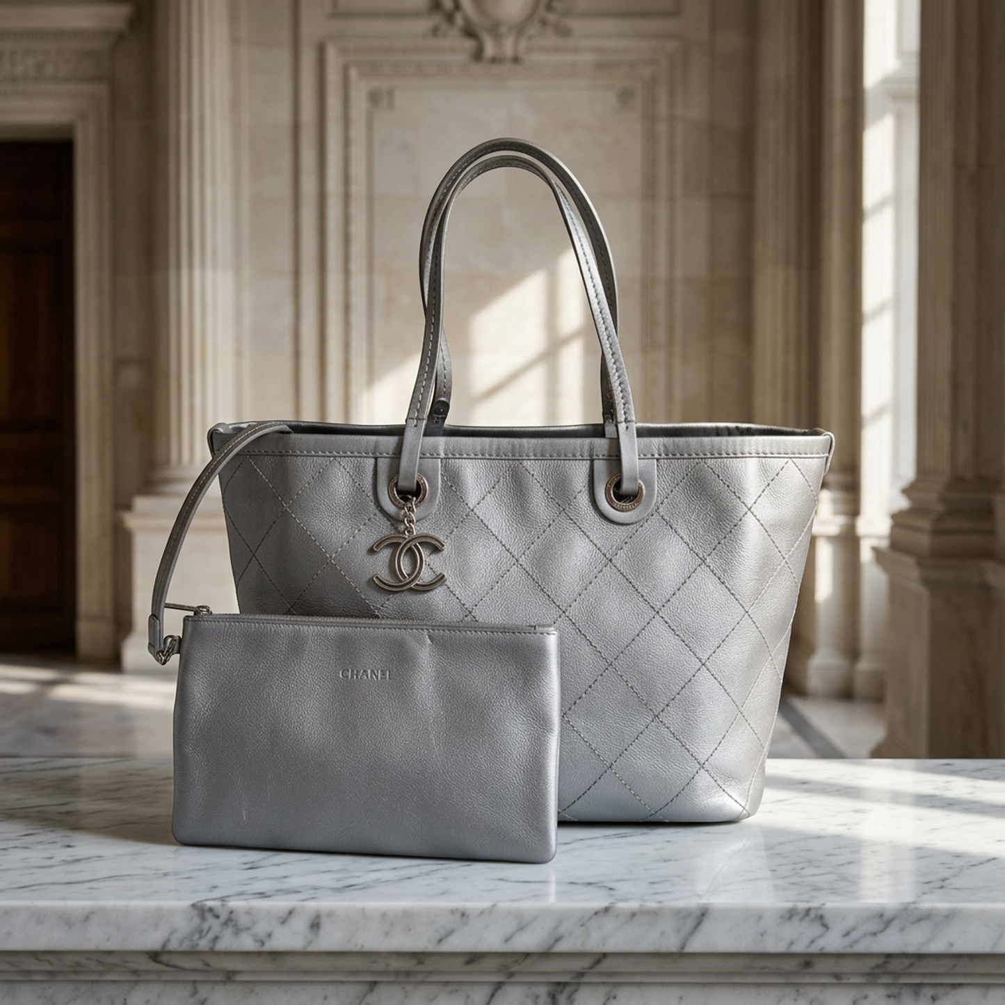 Chanel On The Road A92212 Women's Grained Calfskin Tote Bag Silver