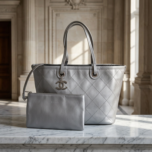 Chanel On The Road A92212 Women's Grained Calfskin Tote Bag Silver