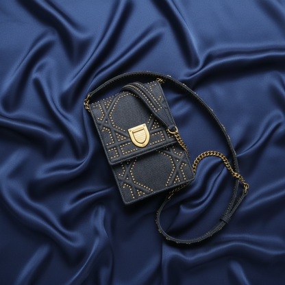 Christian Dior Diorama Chain Shoulder Bag Women's Denim Studded Shoulder Bag Blue