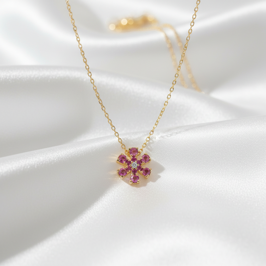 Ponte Vecchio Flower Necklace Pink Gold (18K) Color Stone Men,Women Fashion Pendant Necklace (Pink Gold)