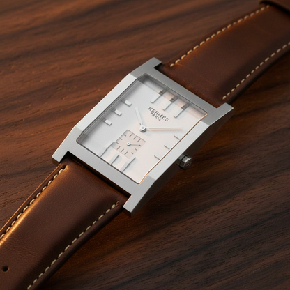 HERMES Tandem Quartz Steel Leather Mens Watch TA1.810 Polished