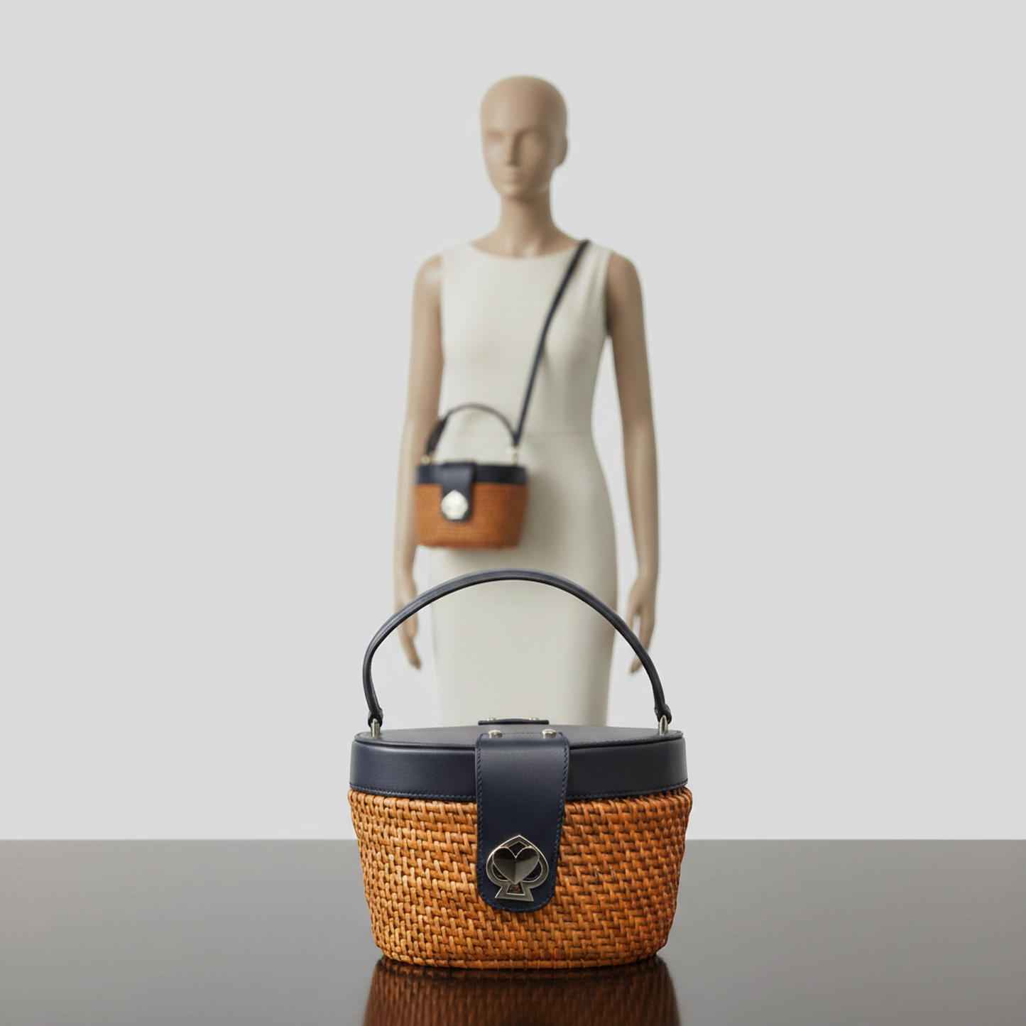 Kate Spade Basket Bag PXRUA290 Women's Rattan,Leather Handbag Light Brown,Navy