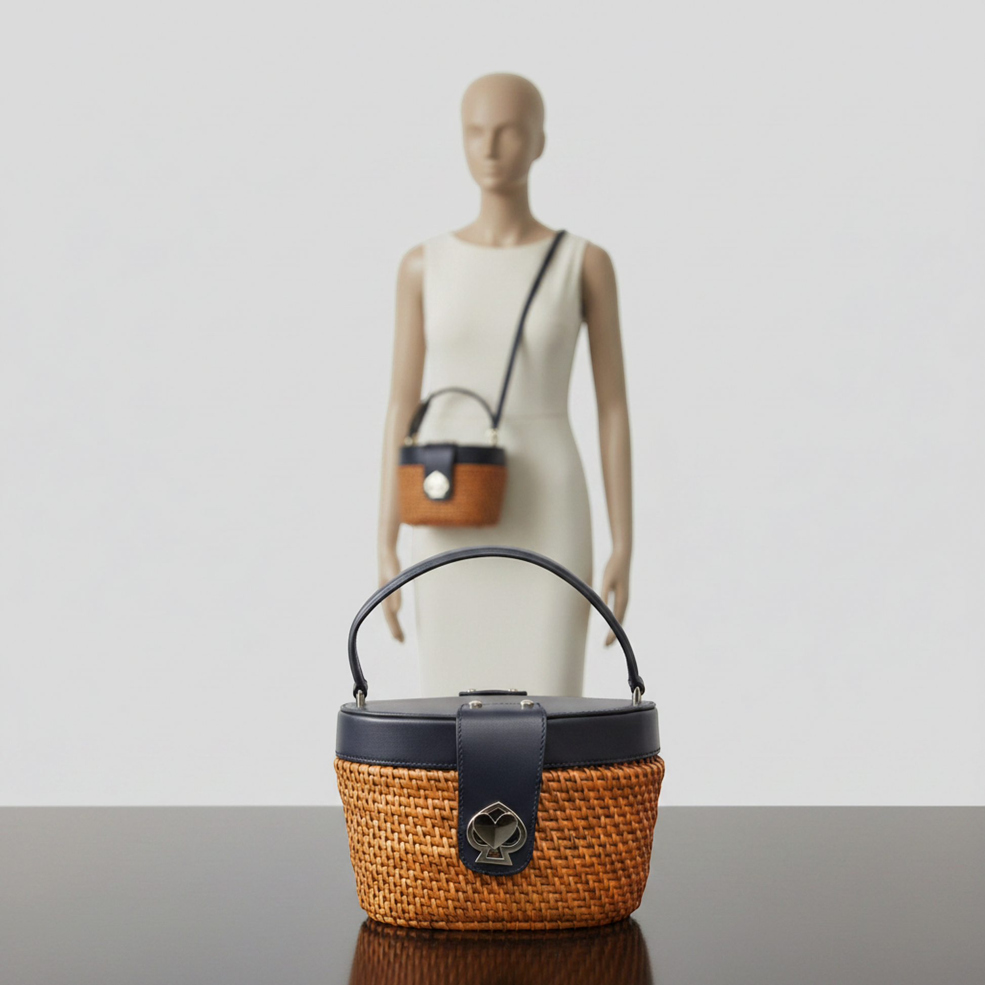 Kate Spade Basket Bag PXRUA290 Women's Rattan,Leather Handbag Light Brown,Navy