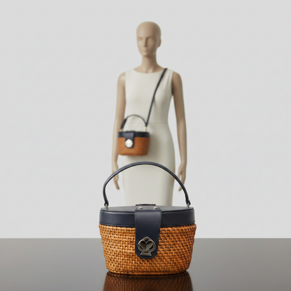 Kate Spade Basket Bag PXRUA290 Women's Rattan,Leather Handbag Light Brown,Navy