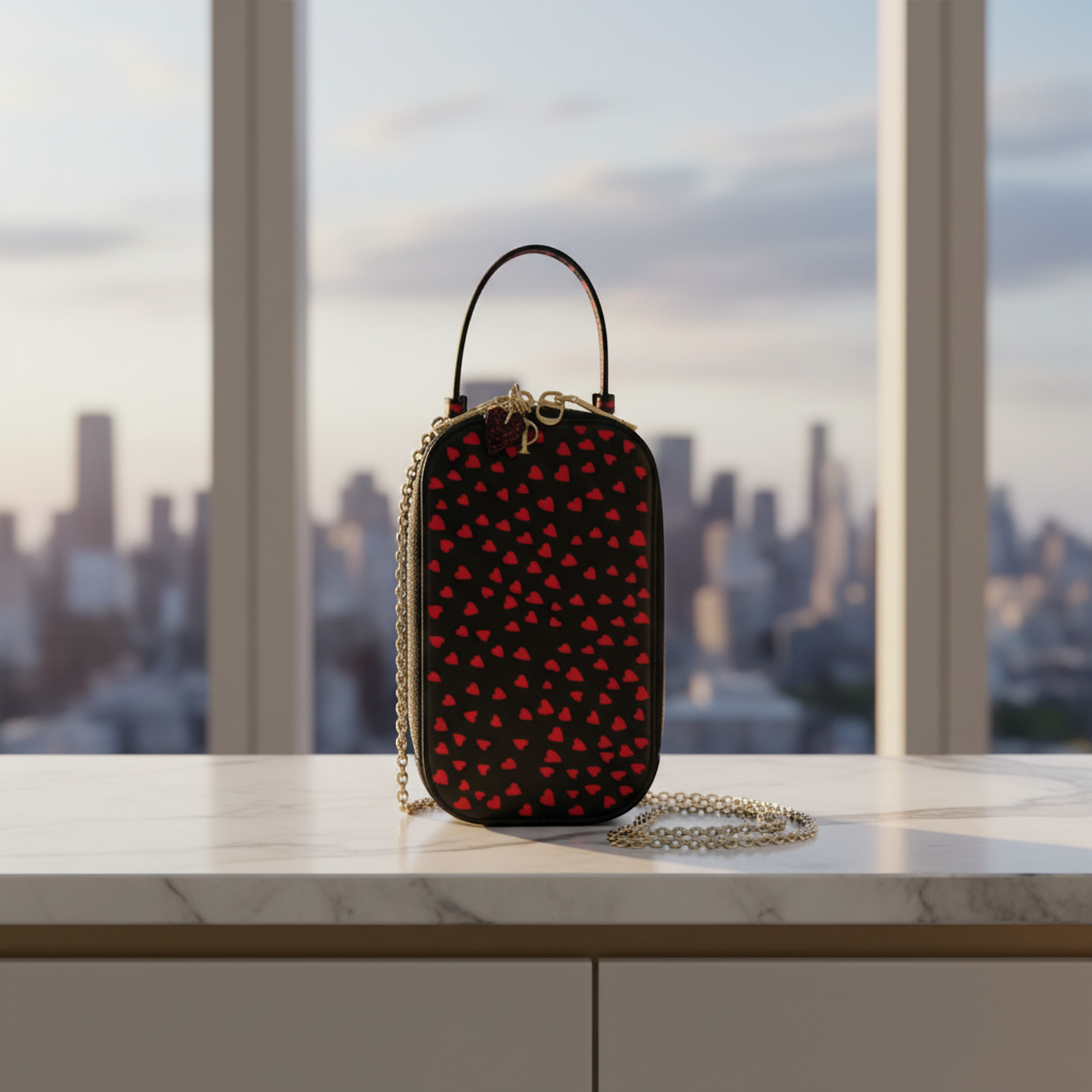 Christian Dior Lady Dior Phone Holder Women's Leather Pouch,Shoulder Bag Dark Navy,Red Color
