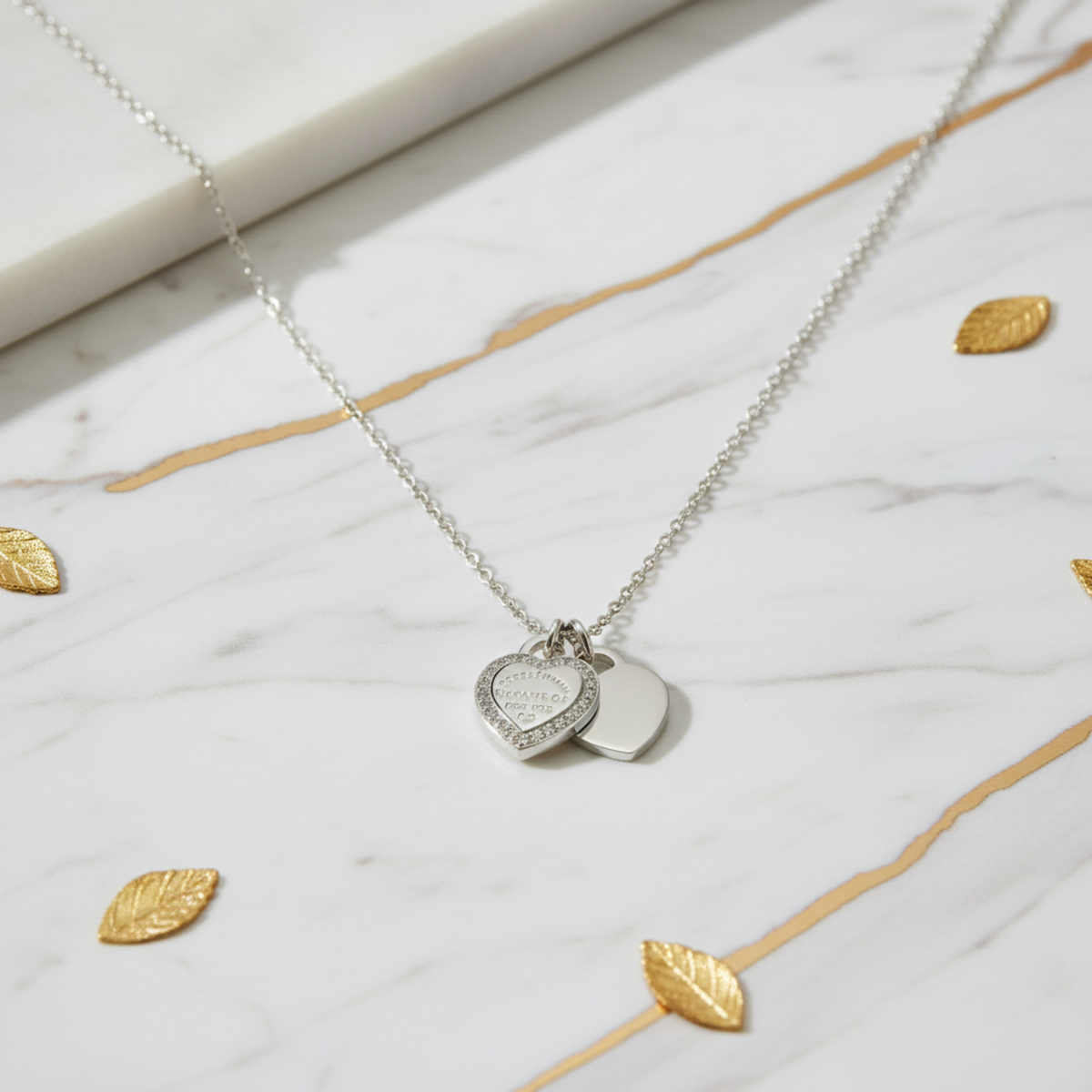 Tiffany Return To Tiffany Double Heart Tag Diamond Necklace White Gold (18K) Diamond Men,Women Fashion Pendant Necklace (Silver)