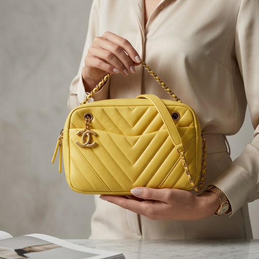 Chanel Chevron V-stitch Women's Leather,Cotton Shoulder Bag Yellow