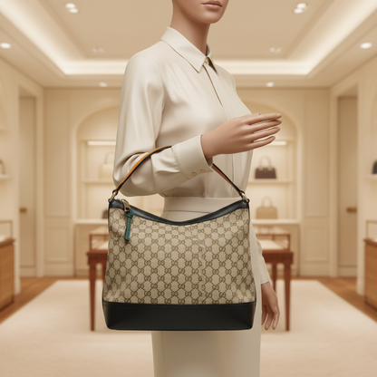 Gucci GG Canvas 282333 Women's GG Canvas,Leather Shoulder Bag Beige,Black