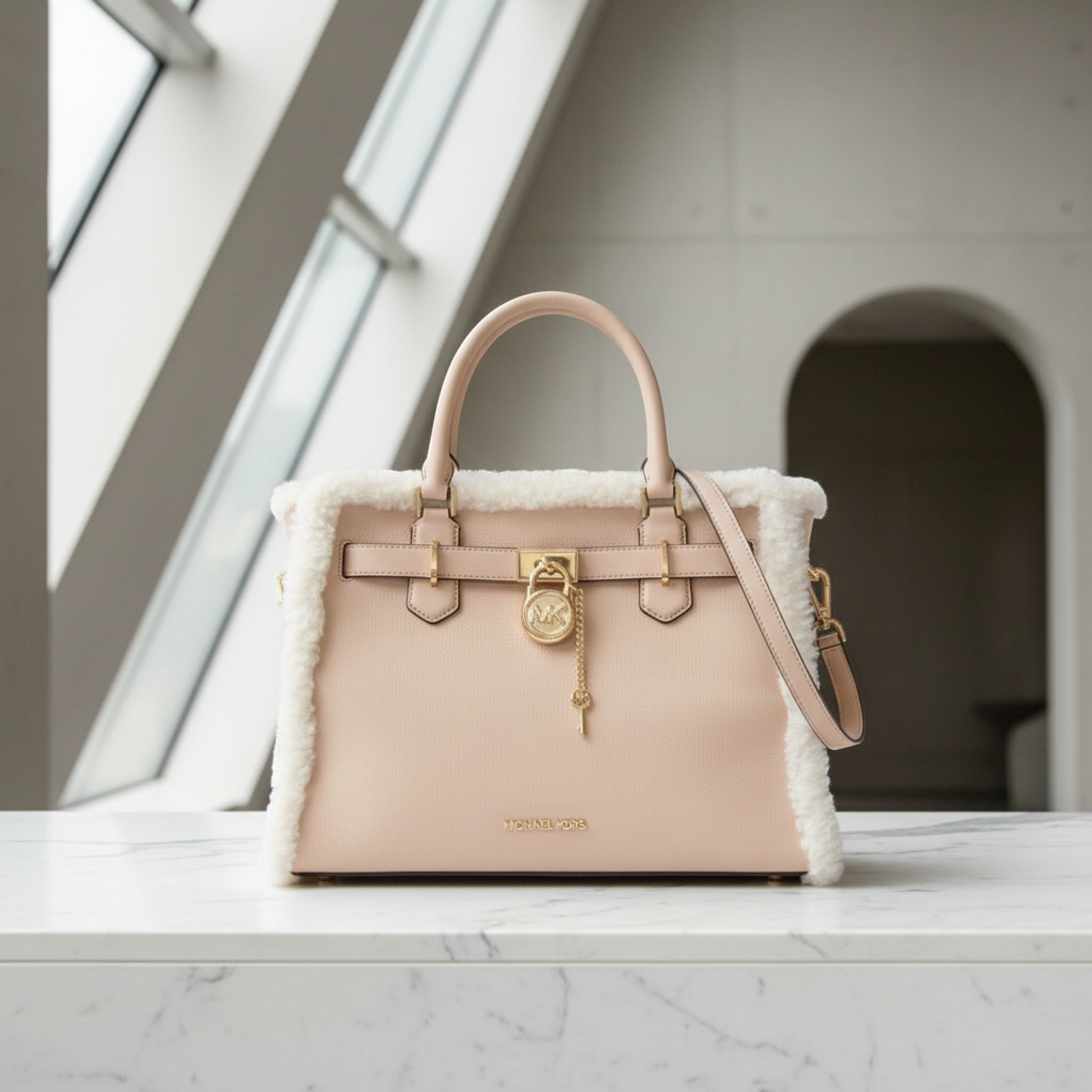 Michael Kors Hamilton Satchel Bag Women's Leather,Fur Shoulder Bag,Tote Bag Pink Beige