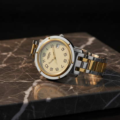 HERMES Clipper Gold Plated Steel Quartz Mens Watch CL6.720 Polished