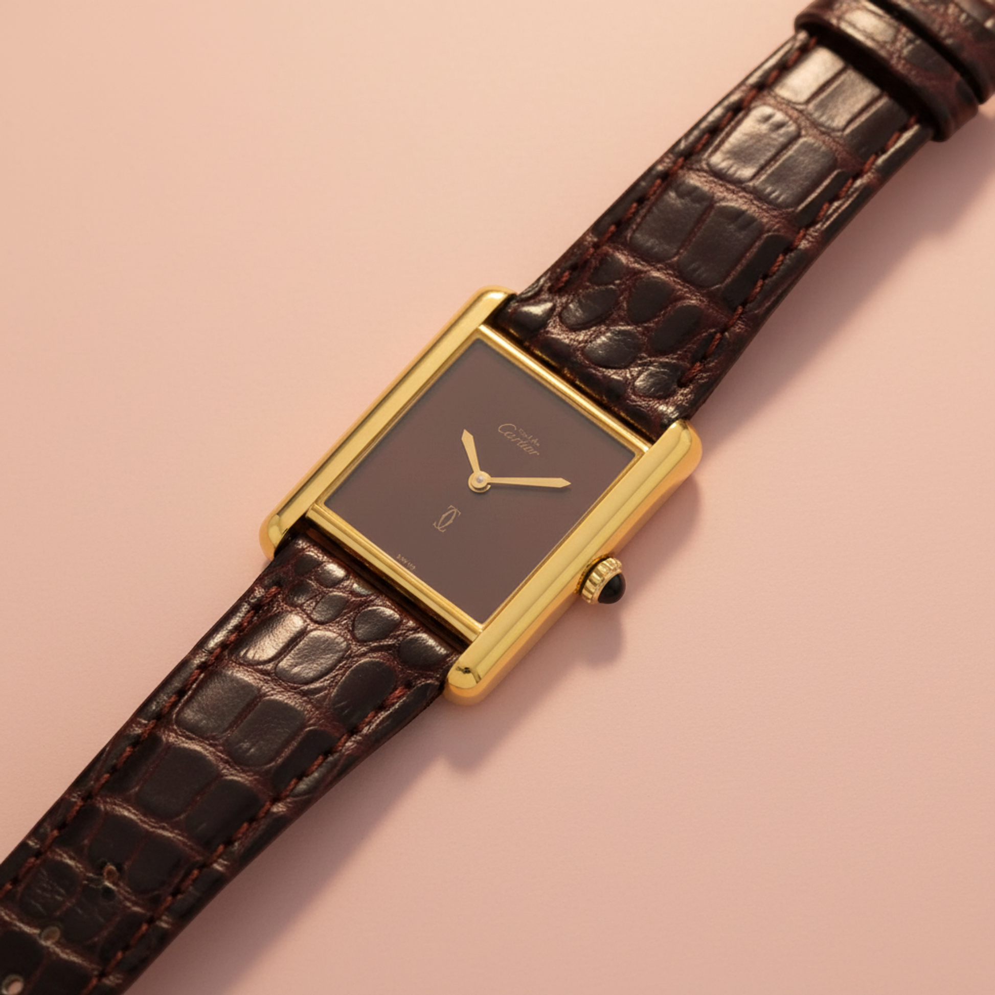 CARTIER Tank Vermeil Gold Plated Leater Hand-Winding Ladies Watch